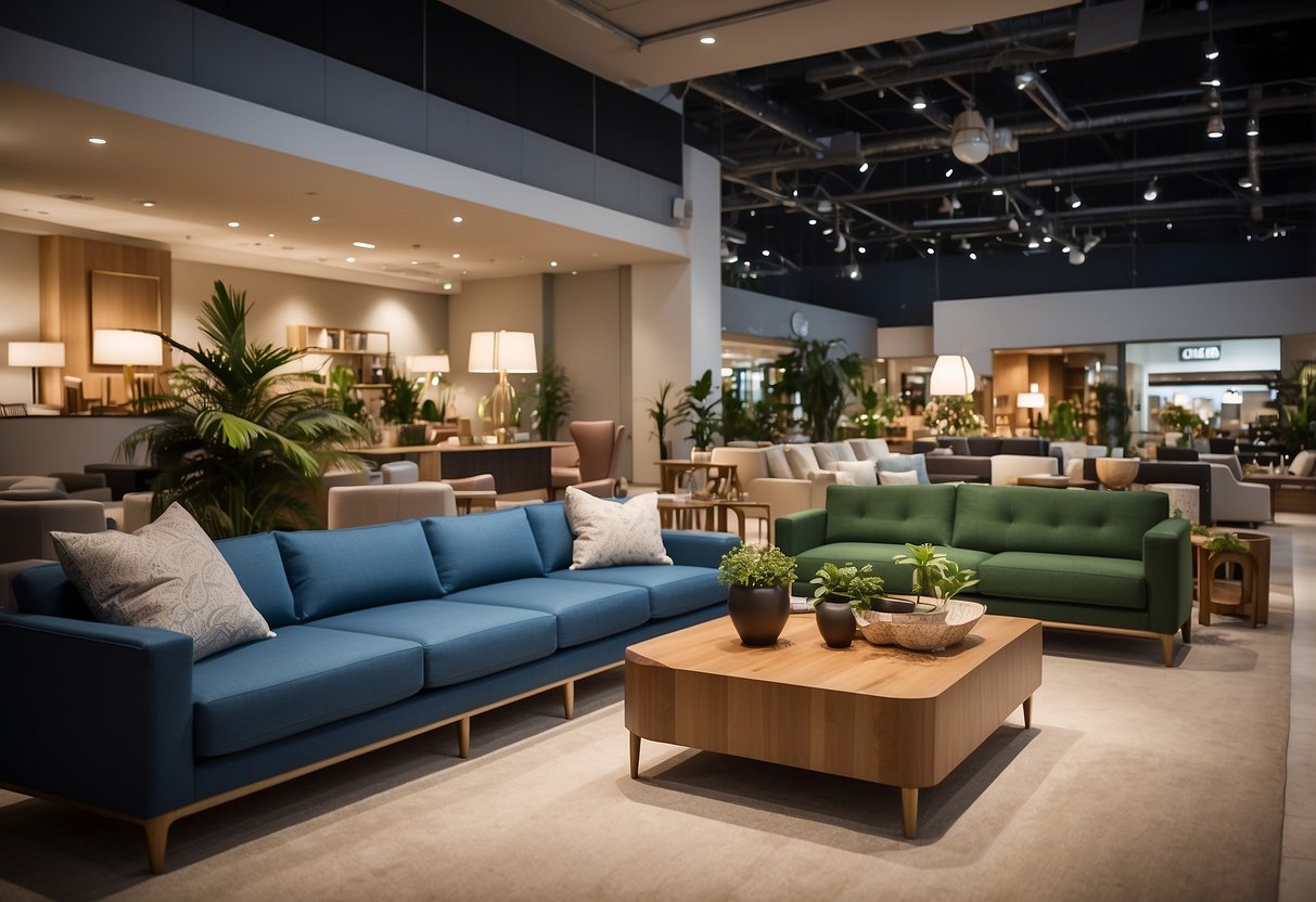 Customers browsing modern and classic furniture in Marina Square's spacious showroom. Bright lighting highlights the variety of sofas, tables, and decor