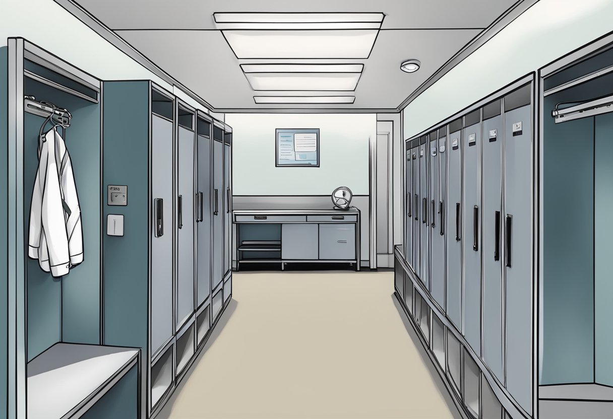 Alex Karev's empty hospital locker, with a stethoscope hanging on the door and a name tag left on the shelf