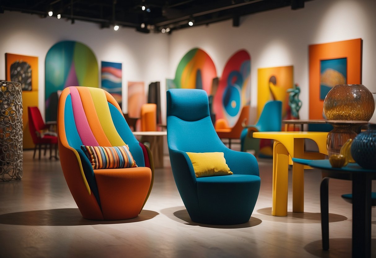 A colorful chair and table with unique shapes and designs, surrounded by vibrant paintings and sculptures in a well-lit gallery