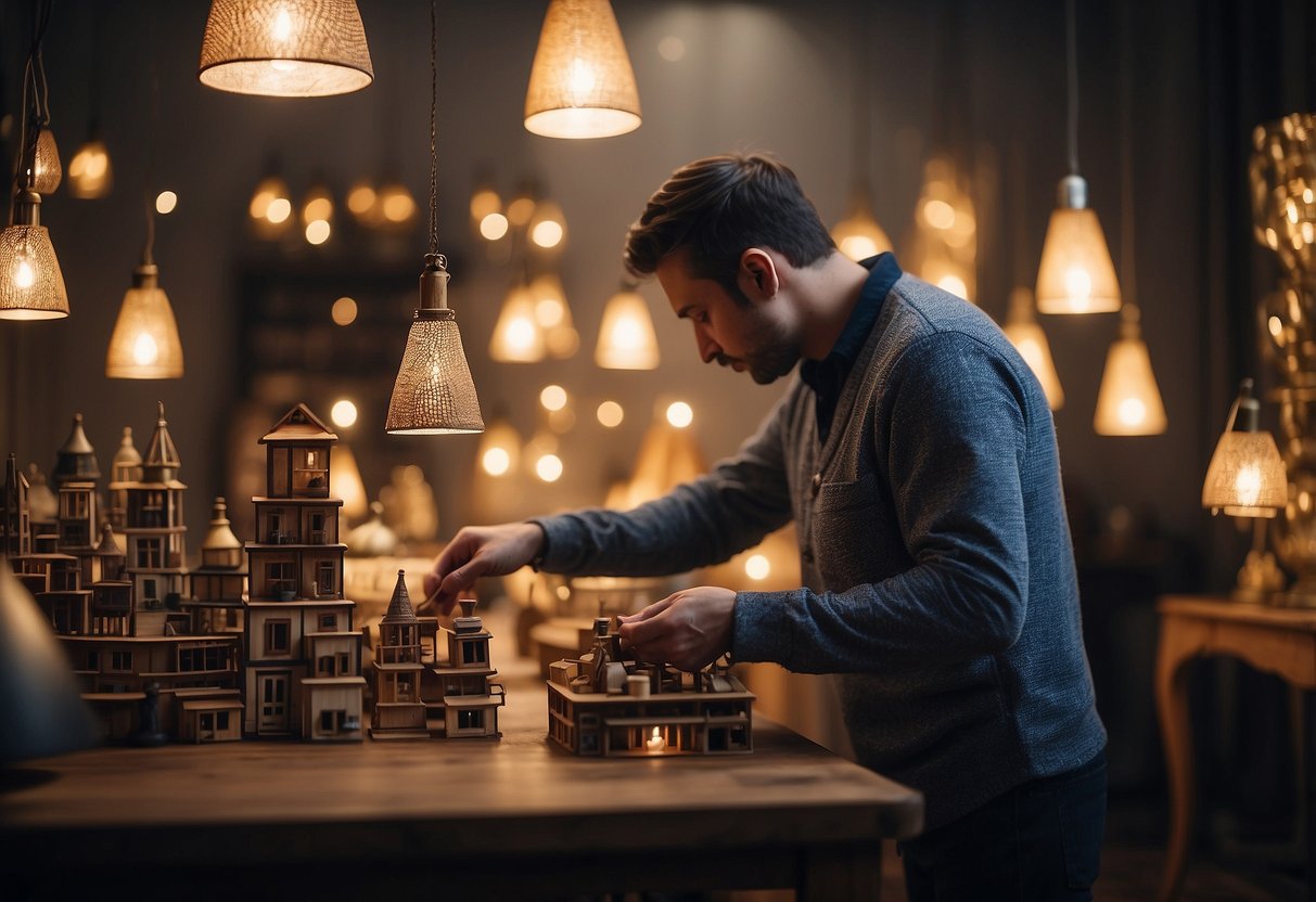 A person arranging unique artistic furniture pieces in a well-lit room