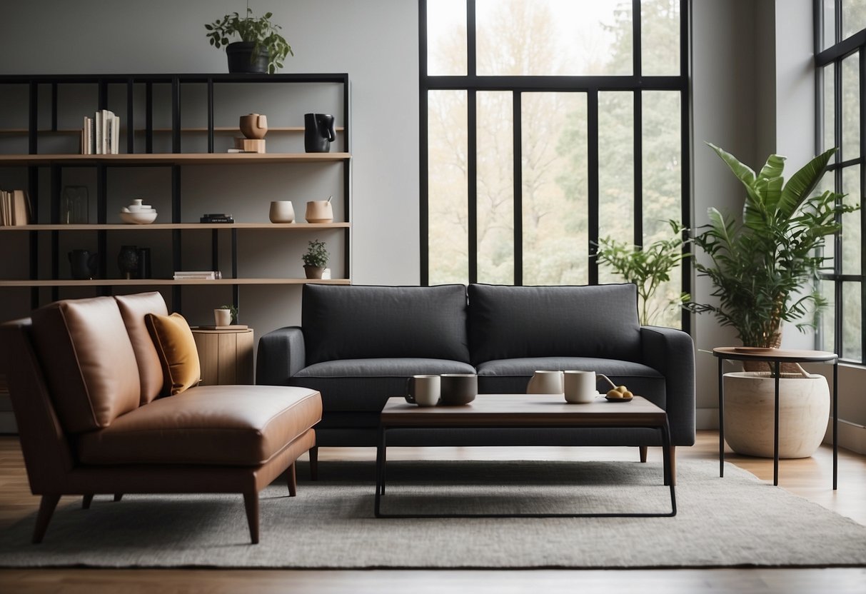A sleek, modern sofa sits against a backdrop of geometric shelves and a minimalist coffee table. The room is bathed in natural light from a large window, creating a serene and inviting atmosphere