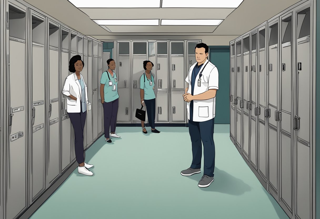 Alex Karev's empty hospital locker, surrounded by confused colleagues and a lingering sense of uncertainty