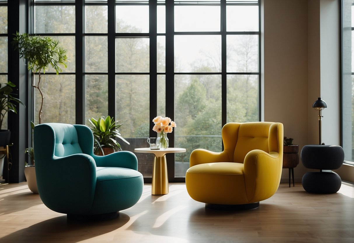 A room with unique, artistic furniture arranged in an inviting and functional manner. Vibrant colors and interesting shapes create a visually appealing space