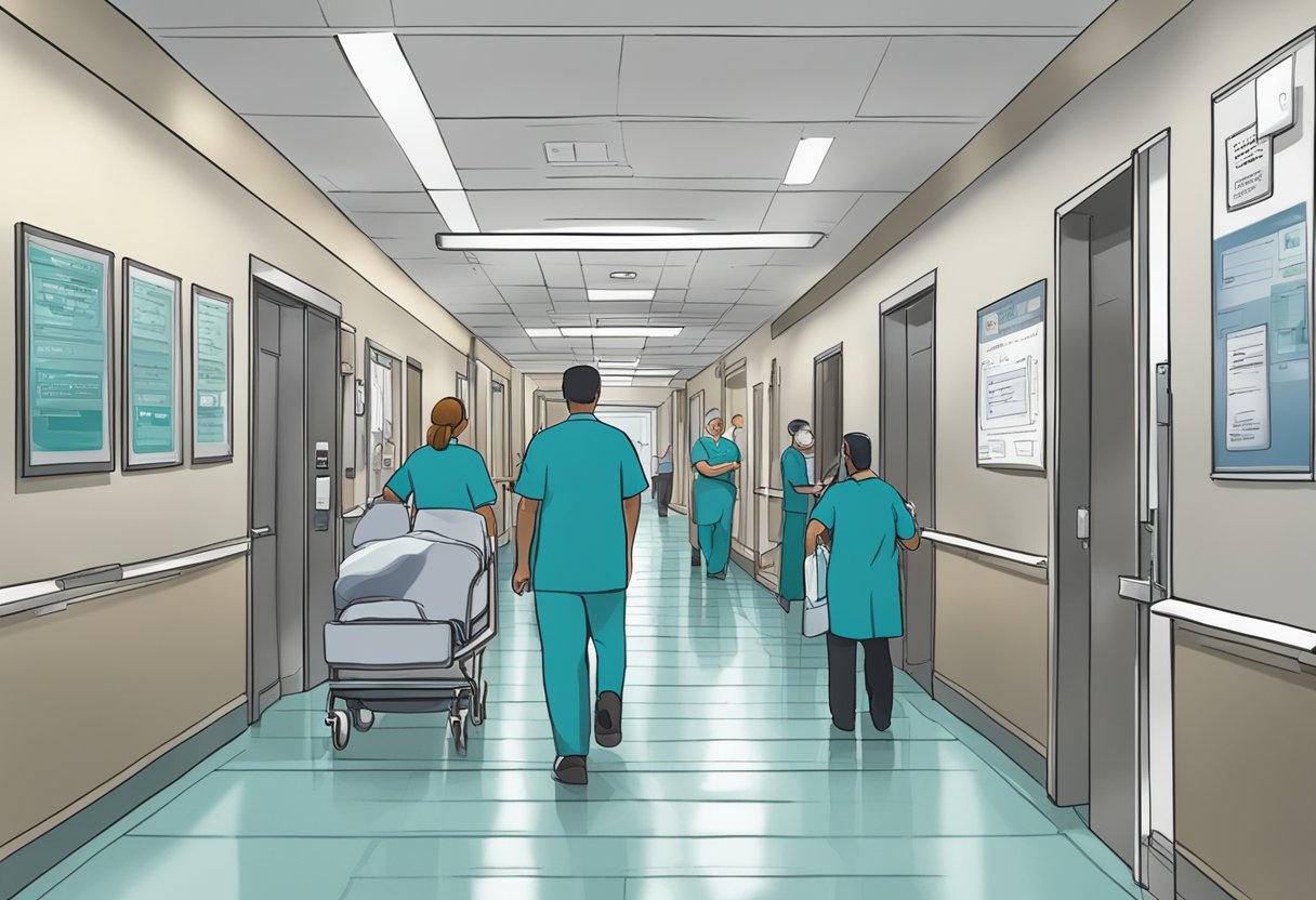 The bustling hospital hallway, with a sign reading "Grey Sloan Memorial," and a sense of urgency in the air