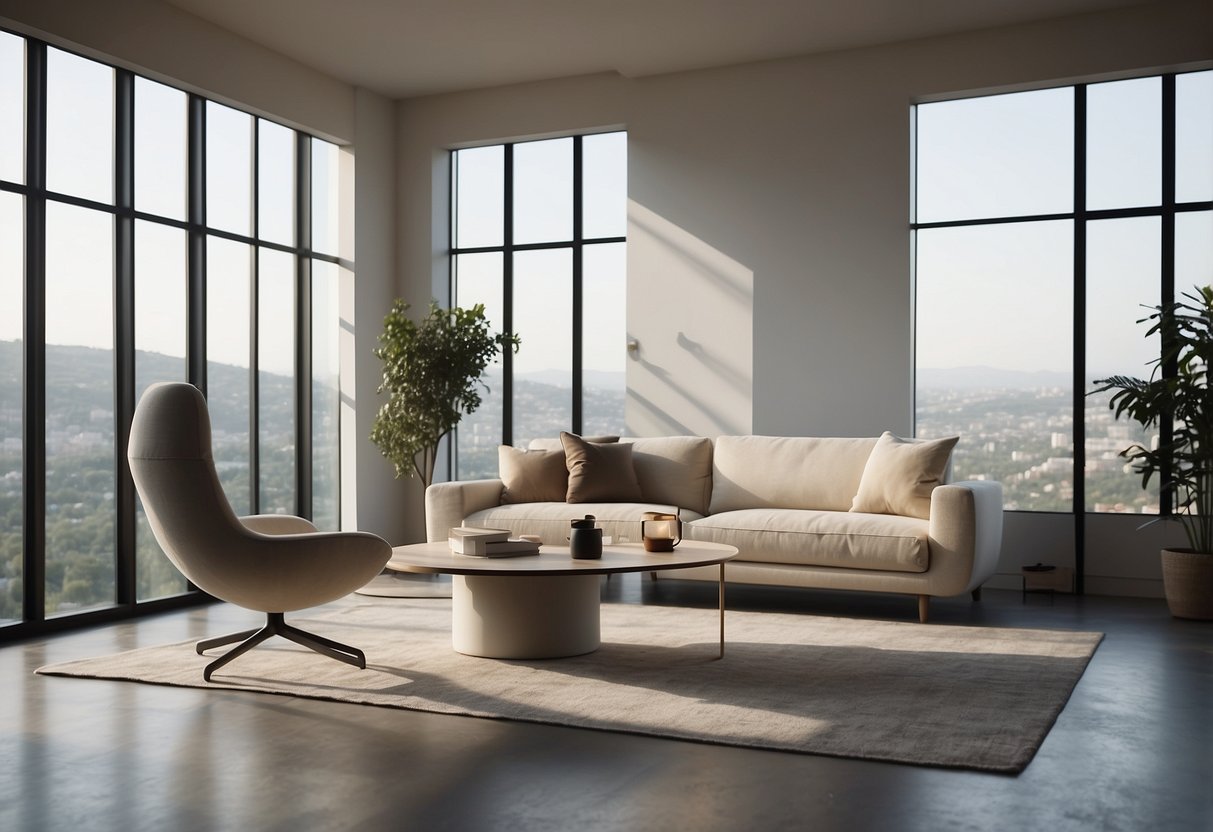 A sleek, minimalist room with geometric furniture, clean lines, and neutral colors. Light streams in from large windows, illuminating the space