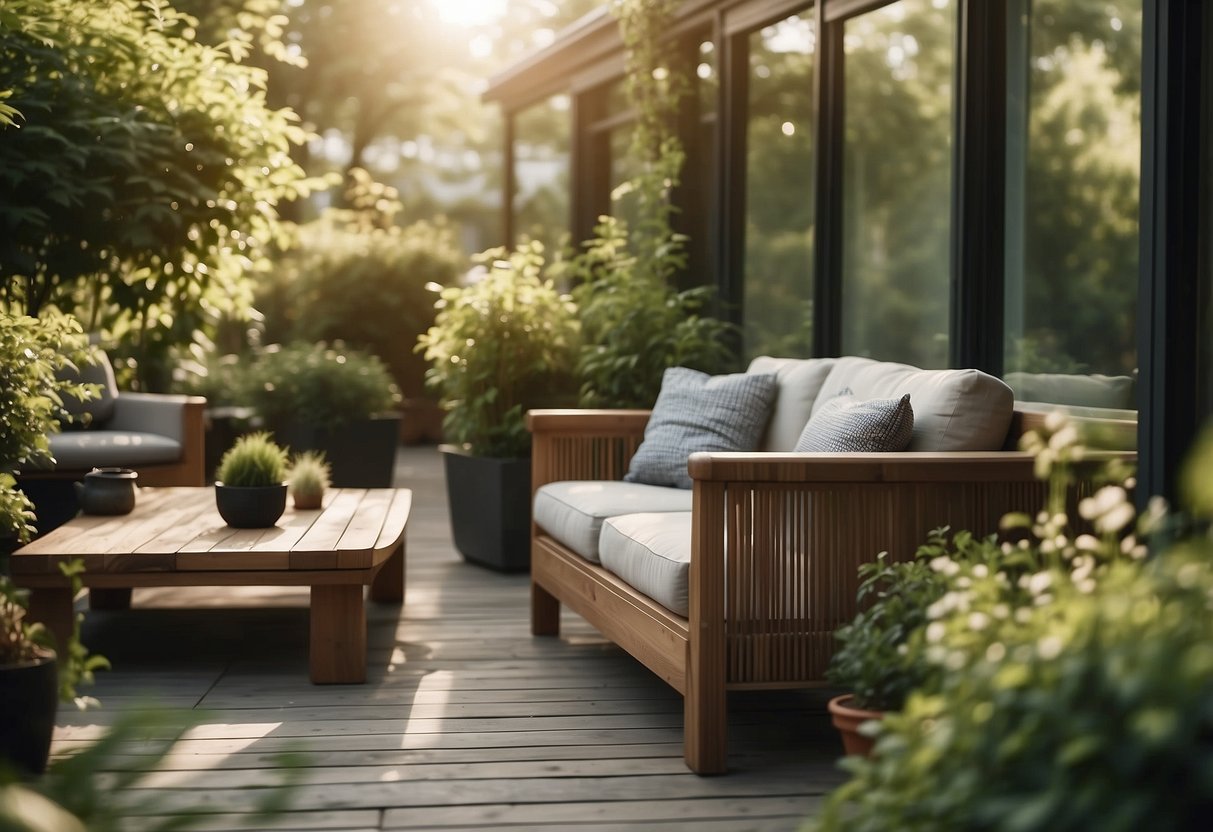 A cozy outdoor scene with Danish furniture, surrounded by lush greenery and bathed in warm sunlight