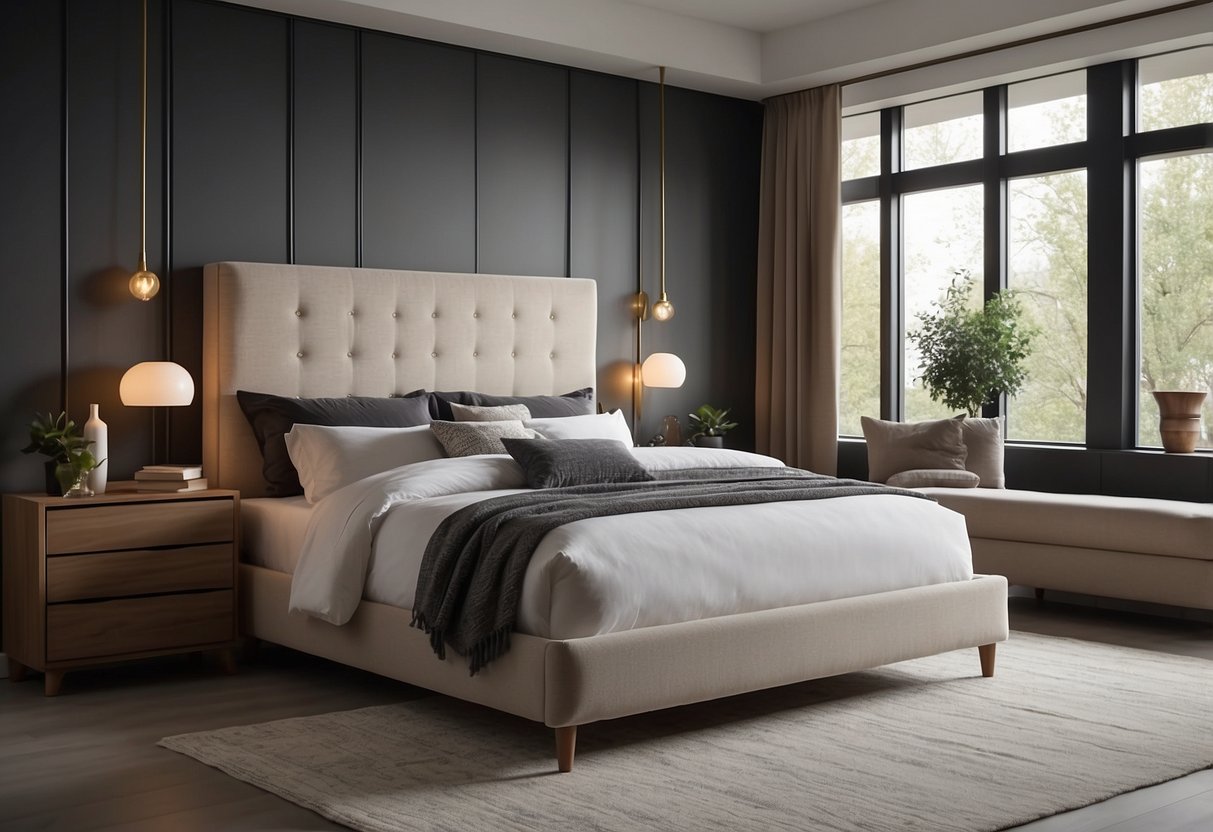 A cozy bedroom with a matching set of furniture including a bed, nightstands, dresser, and wardrobe. The furniture is sleek and modern, with clean lines and neutral colors