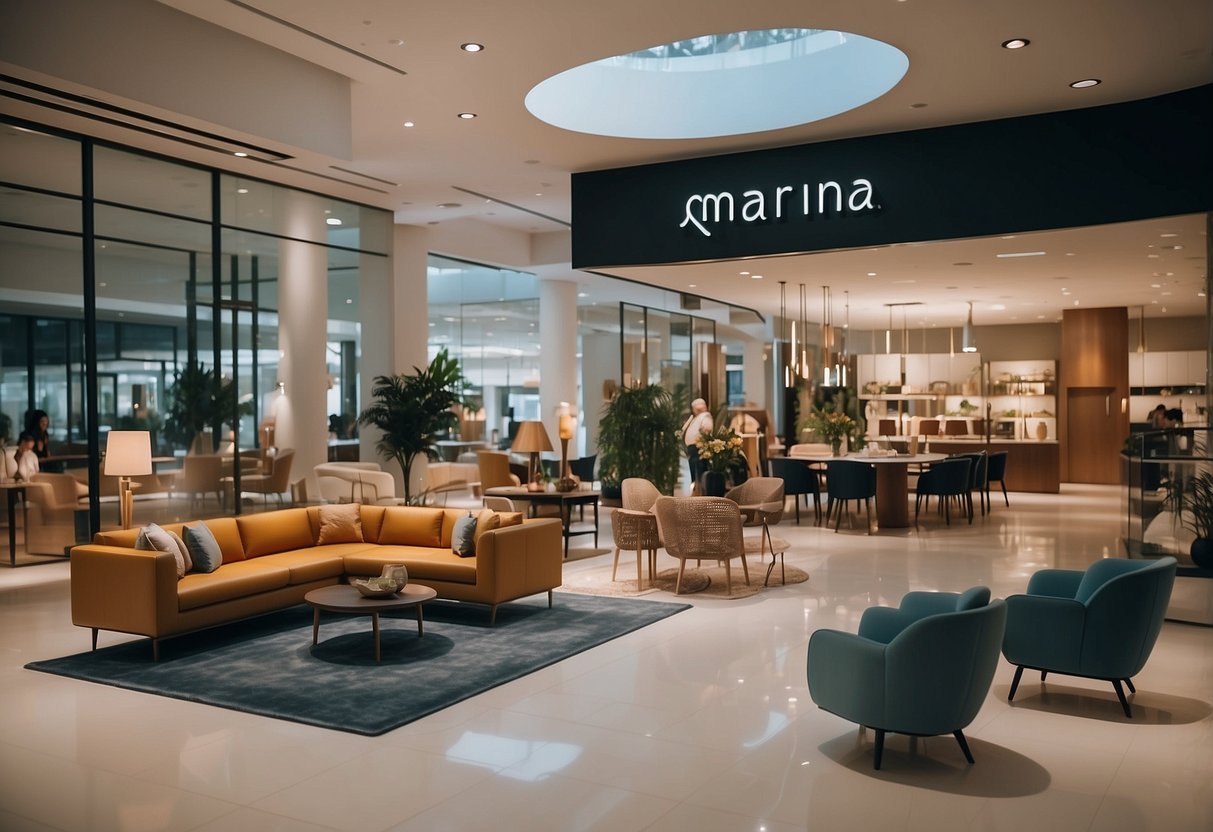 Customers browse modern furniture displays at Marina Square, surrounded by sleek designs and elegant decor