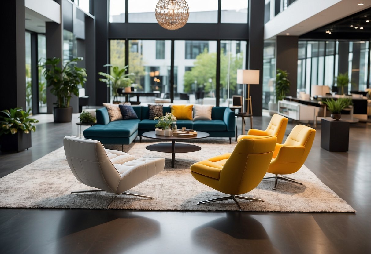 A showroom with modern, sleek furniture displayed in well-lit, spacious setting. Bright colors and clean lines dominate the design