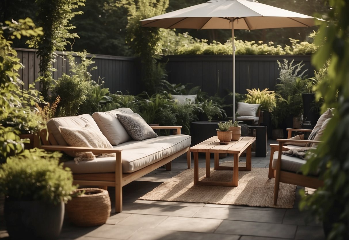 A cozy outdoor patio with sleek, minimalist Danish furniture nestled among lush greenery and bathed in warm sunlight