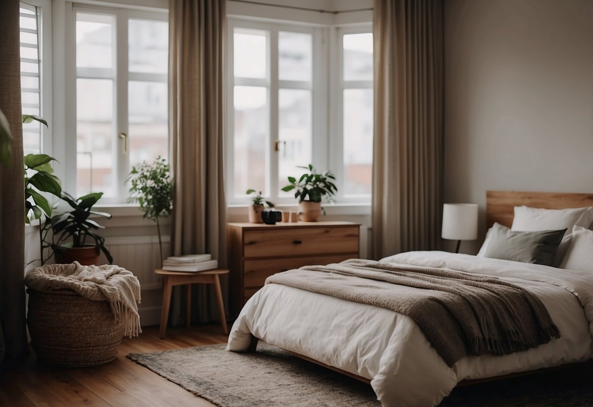 A bed, nightstand, dresser, and wardrobe in a cozy bedroom