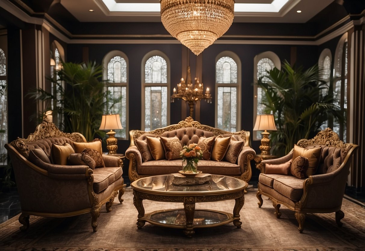 A grand, ornate showroom filled with luxurious furniture and elegant decor. Rich colors and intricate designs showcase the heritage of Akhtar Furnishers
