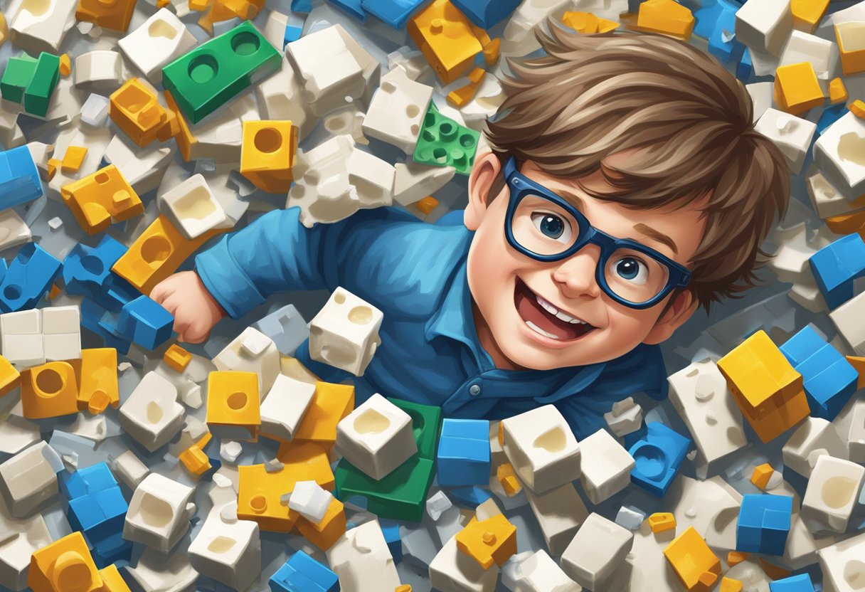 Dewey's glasses lay broken on the floor, surrounded by spilled milk and scattered Legos. A mischievous grin on his face as he watches chaos unfold