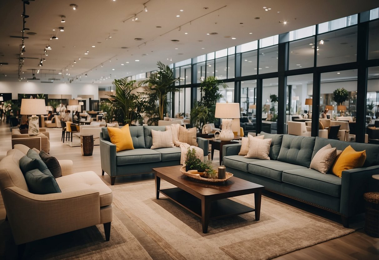 A bustling furniture showroom at Marina Square, with customers browsing and staff assisting. Displayed items include sofas, tables, and decor