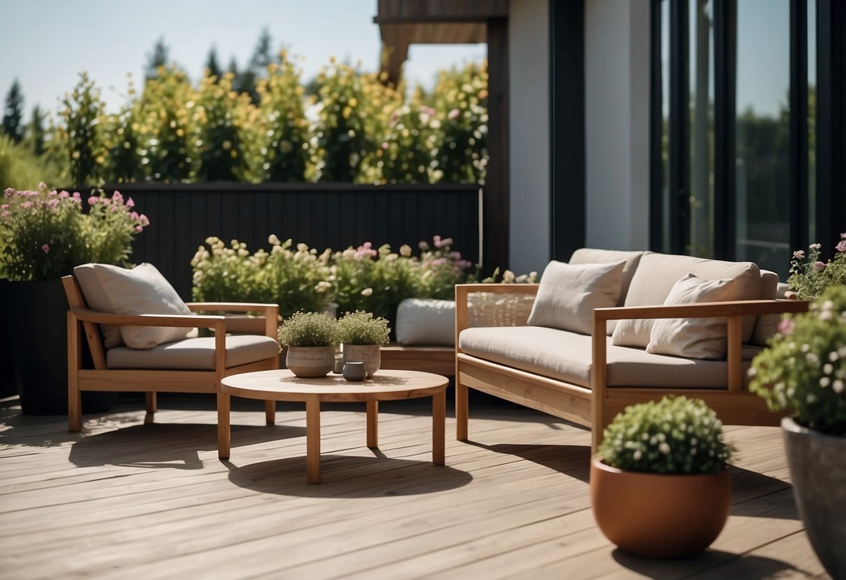 A sunny patio with sleek, minimalist Danish outdoor furniture arranged in a cozy seating area, surrounded by lush greenery and blooming flowers