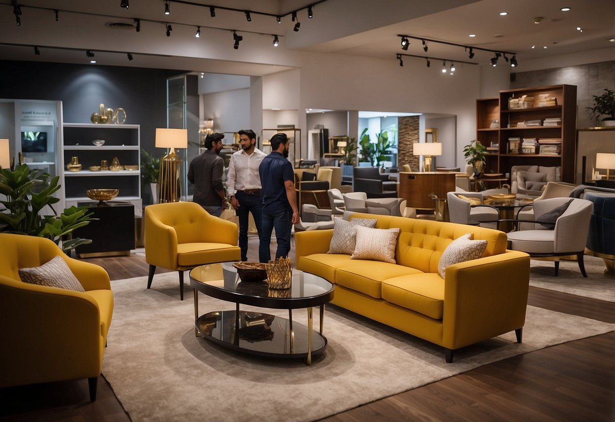 Customers browsing modern furniture displays at Akhtar Furniture showroom