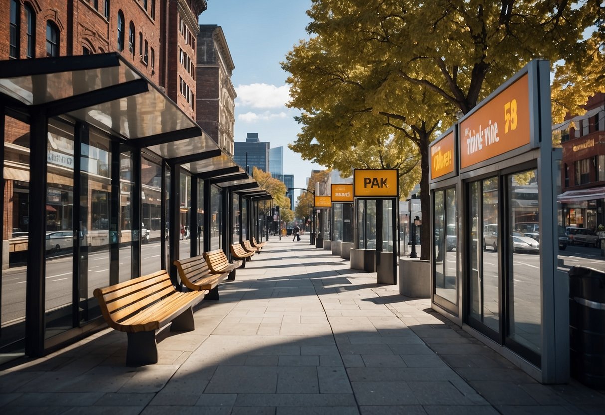 City street with bus shelters, benches, and billboards. Brightly colored ads for local businesses and events. Pedestrians passing by