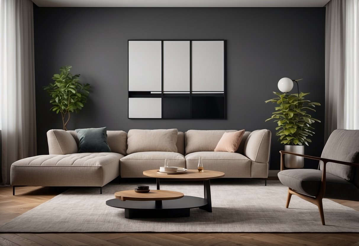 A modern living room with sleek, minimalist furniture from Absolute Furniture Collections. Clean lines, neutral colors, and a spacious layout