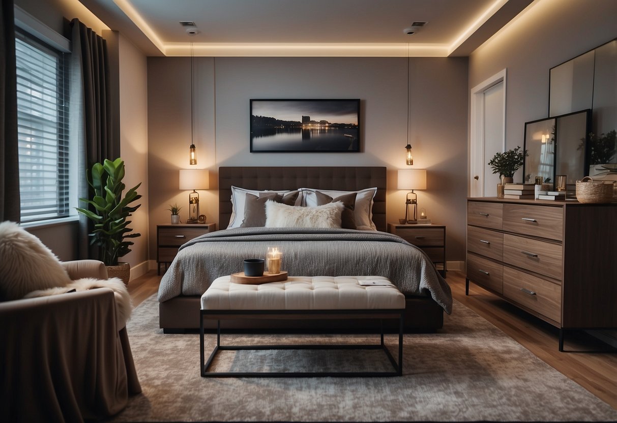 A cozy bedroom with matching furniture sets, including a bed, nightstands, and a dresser. Soft lighting and decorative accents complete the stylish look