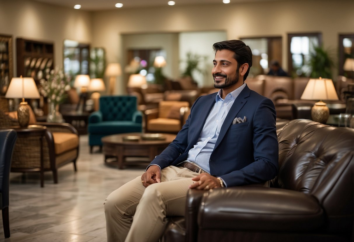 A customer service representative at Akhtar Furniture answers questions while surrounded by a variety of furniture pieces and decor