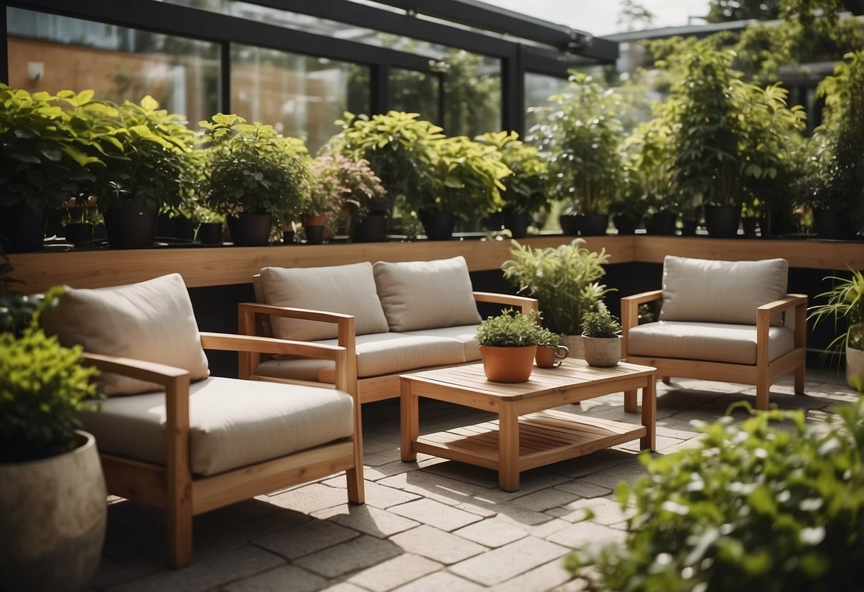 A sunny patio with sleek, modern Danish outdoor furniture arranged in a cozy seating area, surrounded by lush greenery and potted plants