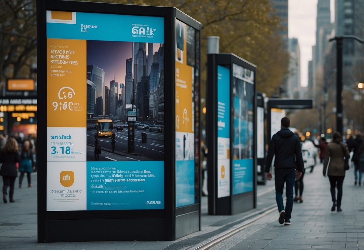 Busy city street with sleek, modern bus shelters and digital billboards strategically placed for maximum visibility. Pedestrians interact with interactive screens and engage with dynamic ad content