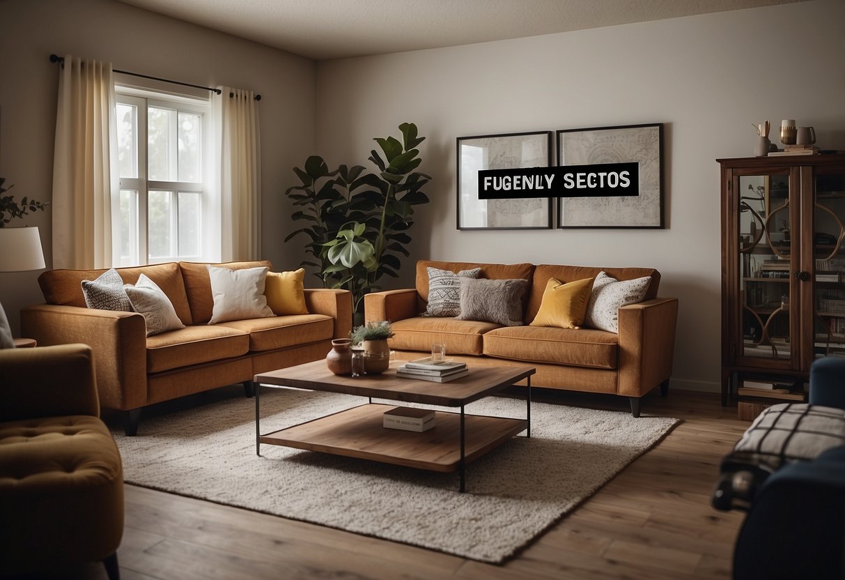 A room with various furniture pieces labeled "Frequently Asked Questions" in bold letters