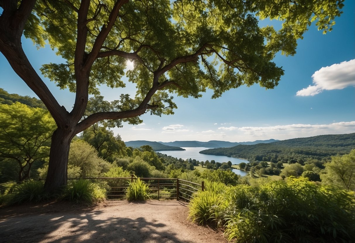 A serene landscape with lush greenery, clear blue skies, and a sparkling body of water, showcasing the beauty of nature and its positive impact on eye health