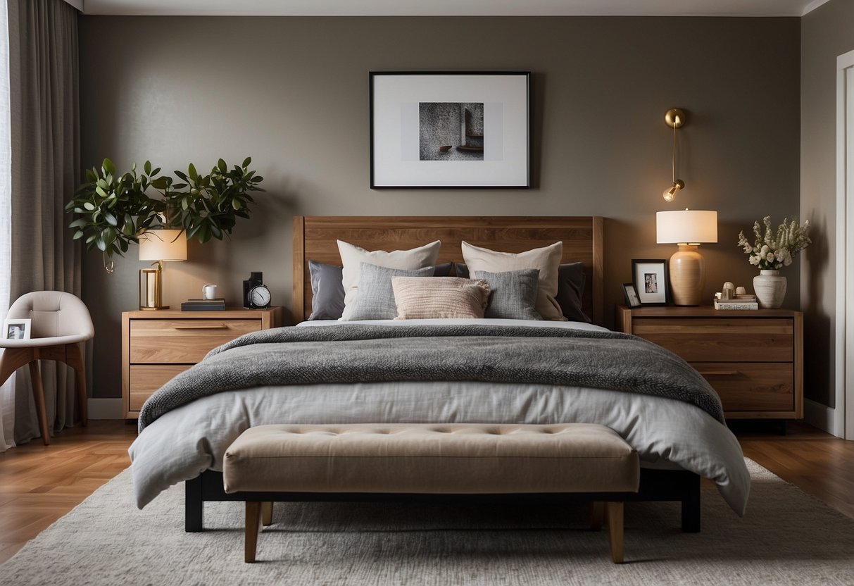 A bedroom with various furniture collections arranged neatly and labeled with "Frequently Asked Questions" signs