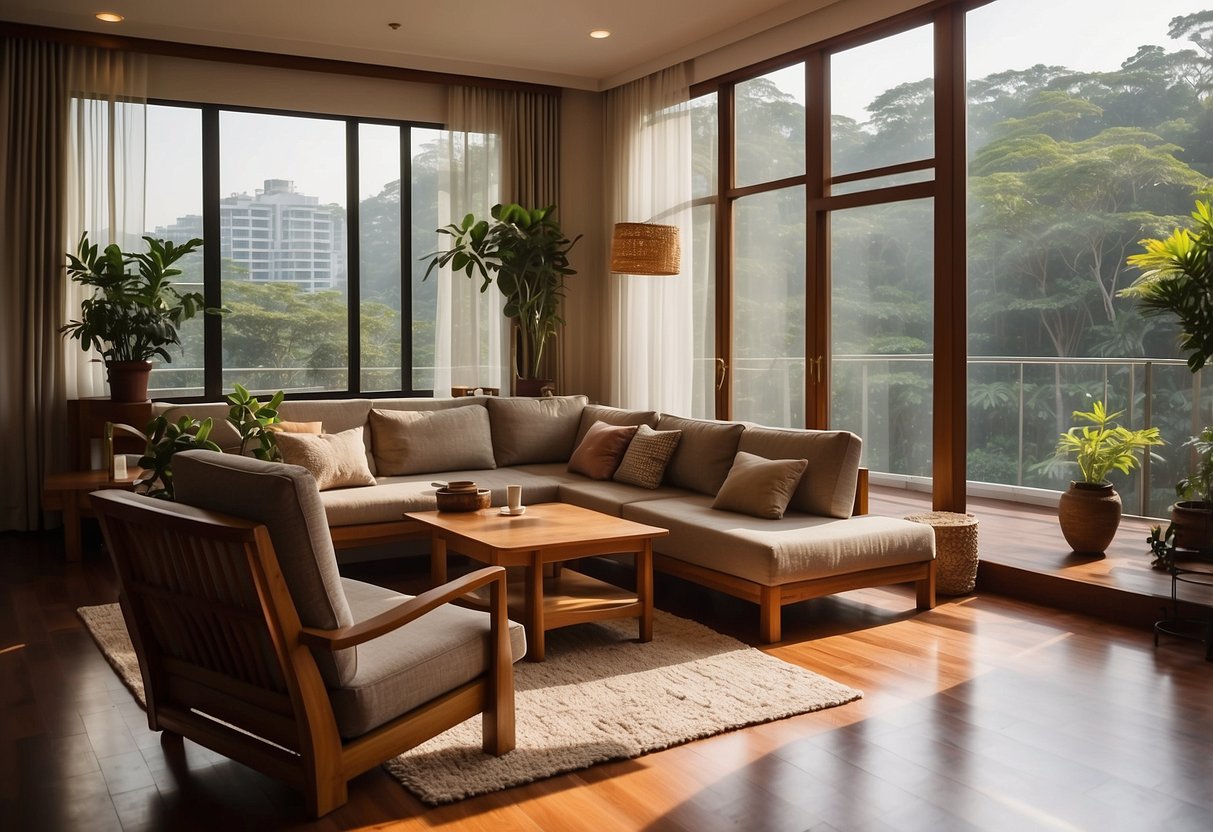 A cozy living room with teak wood furniture in Singapore. Sunlight streams in through large windows, casting warm, natural hues on the polished surfaces