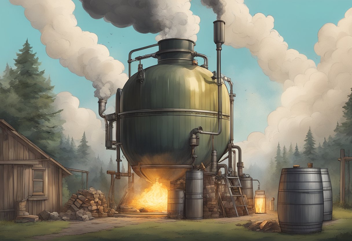 Josh's moonshine still exploded, sending shards of metal and clouds of steam into the air