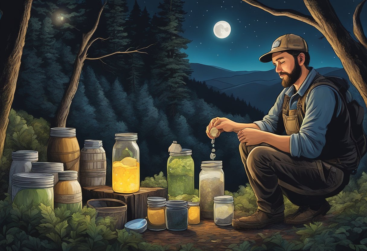 Josh Owens gathers moonshine ingredients in the Appalachian mountains at night