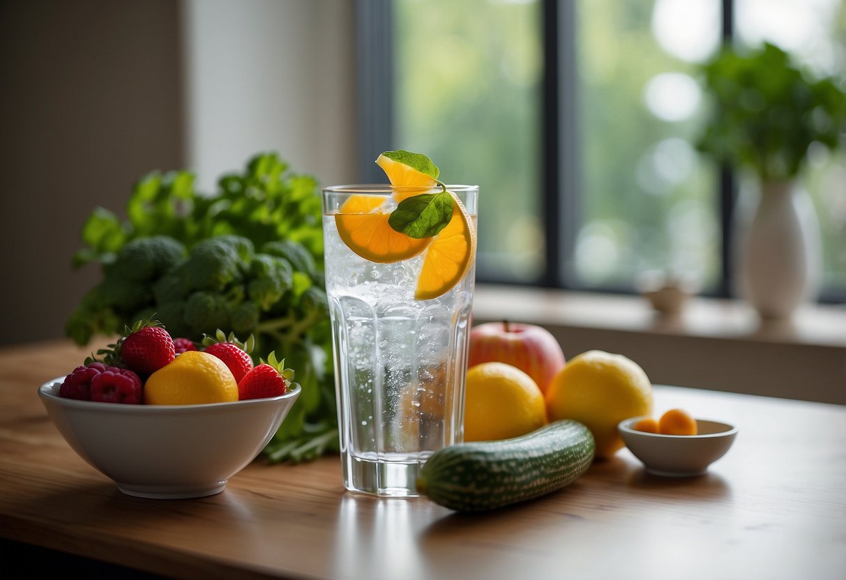 A clear glass of water sits next to a bowl of fresh fruits and vegetables, representing the importance of hydration and natural foods for healthy eyes