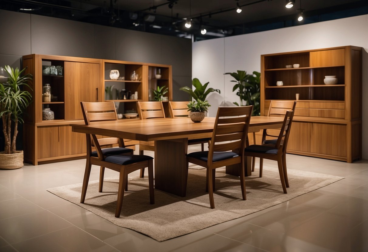 A showroom in Singapore displays teak wood furniture, with rich, warm tones and elegant designs