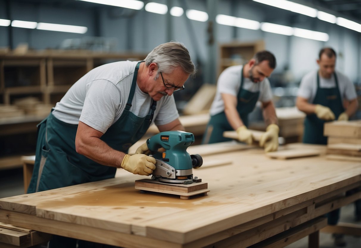 A workshop at AM Furniture Finishing Ltd bustling with workers sanding, staining, and varnishing wooden furniture pieces