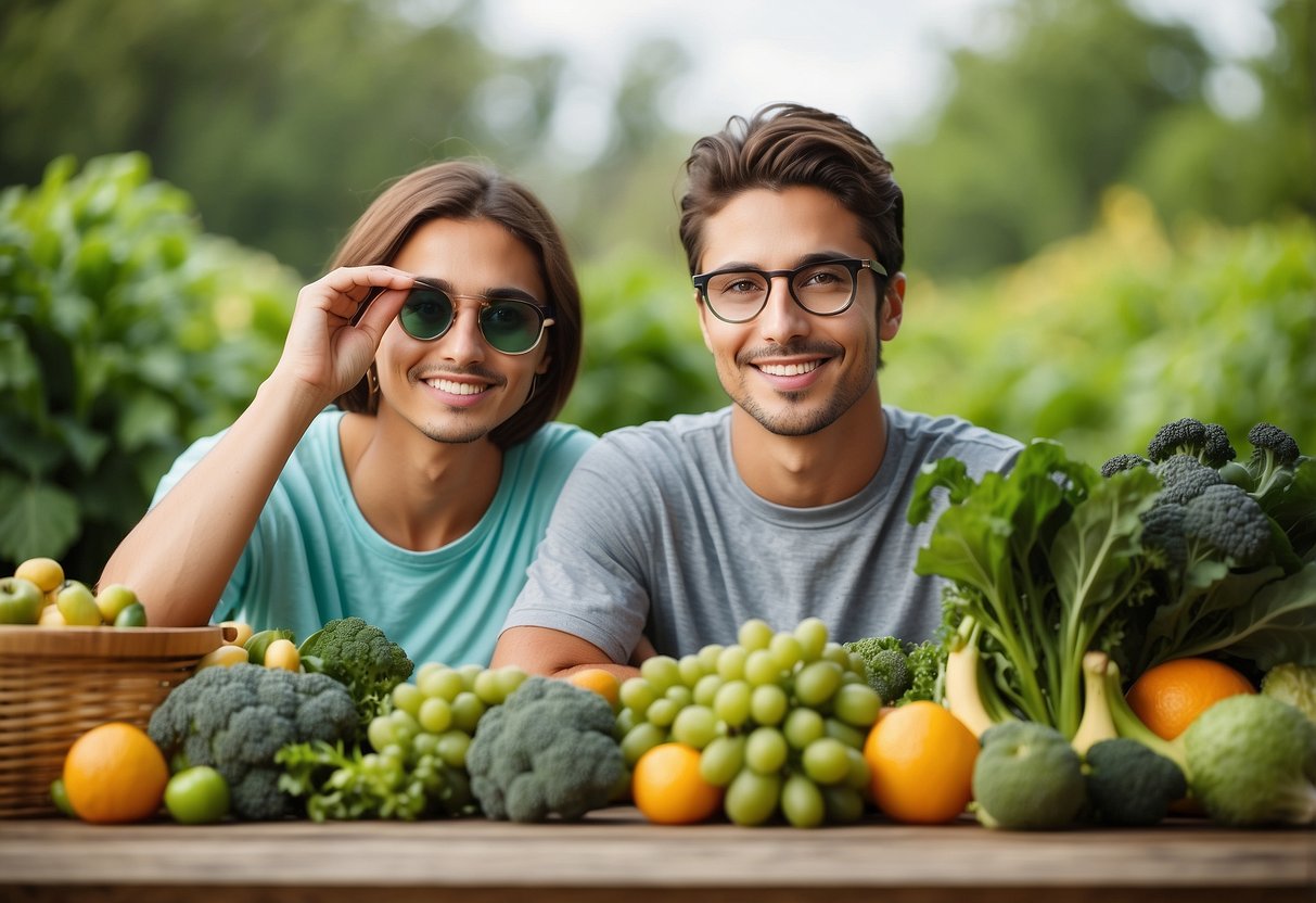 A pair of vibrant, healthy eyes surrounded by leafy green vegetables and fruits, with a pair of glasses nearby