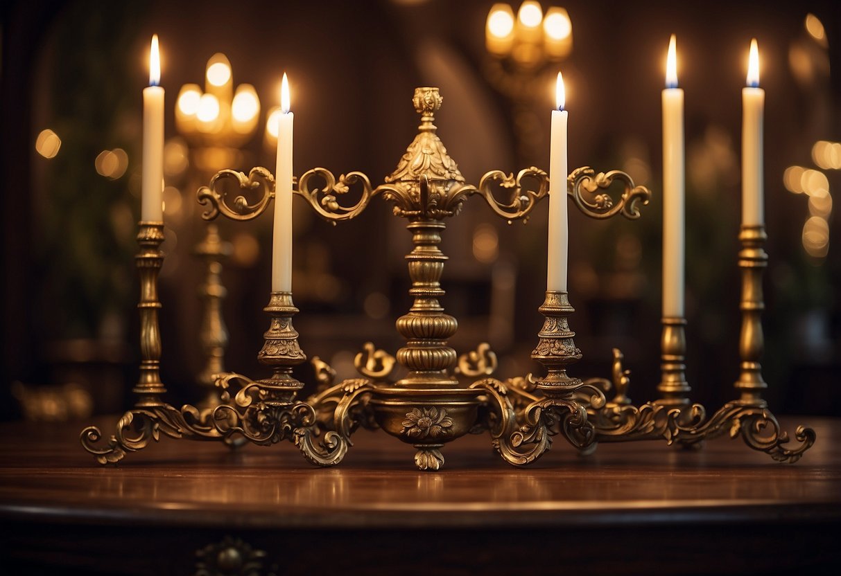 A grand candelabra sits atop an ornate wooden table, surrounded by antique furniture in a dimly lit room