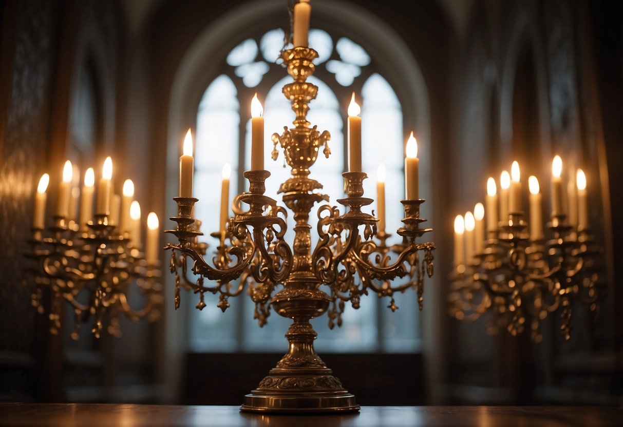 A room filled with ornate candelabra furniture, casting flickering shadows against the walls