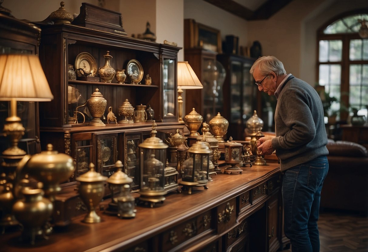 A person browsing through a collection of antique furniture, carefully examining each piece before selecting one for their home decor