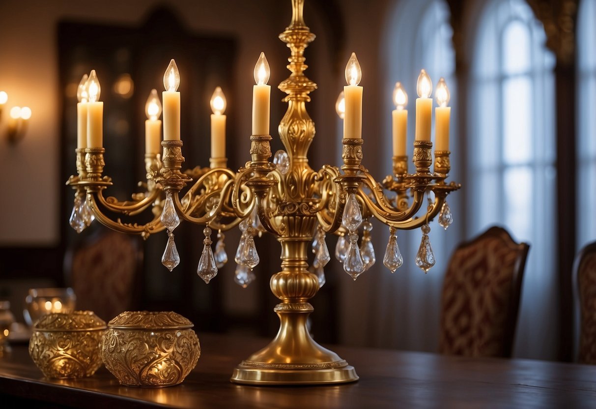 A grand candelabra sits atop a regal wooden dining table, casting a warm glow over the elegant room with ornate furniture and luxurious draperies