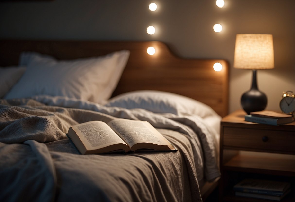 A serene bedroom with a cozy bed, soft lighting, and a peaceful atmosphere. A book about natural eye health remedies sits open on the nightstand