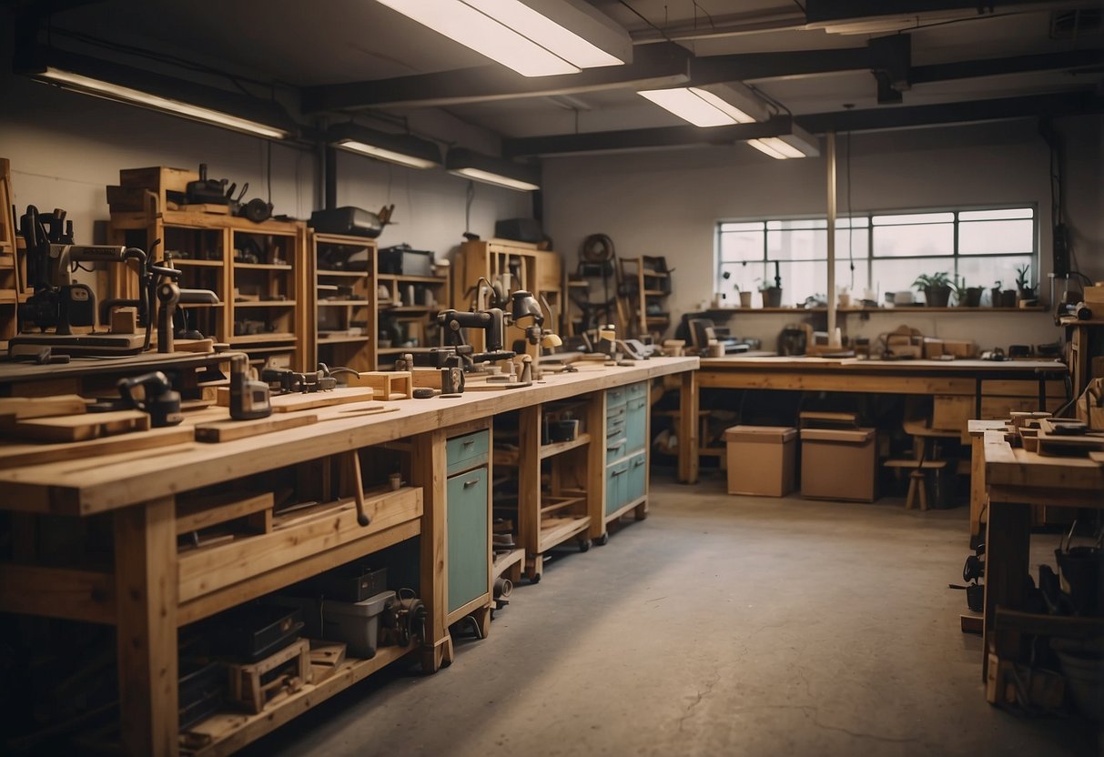 A workshop filled with various furniture pieces in different stages of finishing, with tools and equipment neatly arranged on workbenches