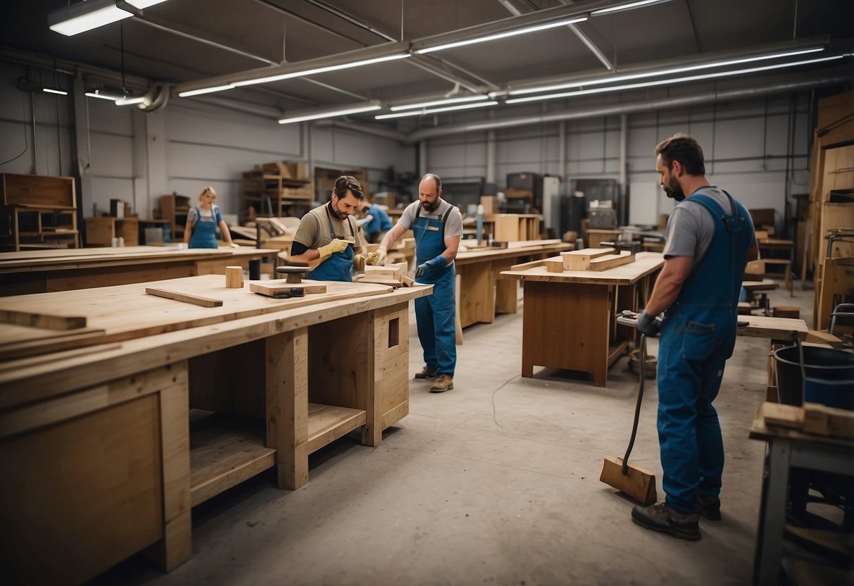 A workshop with various furniture pieces being sanded, painted, and polished by workers at Our Services furniture finishing ltd