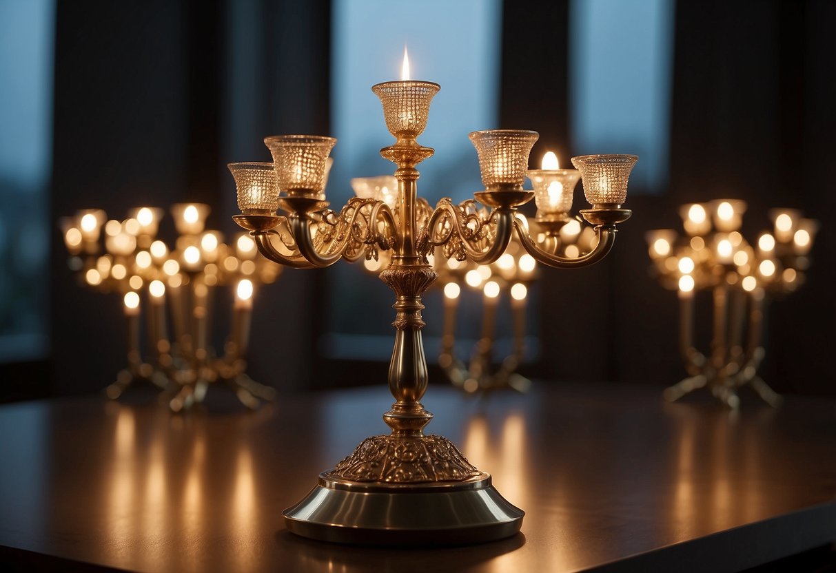 A candelabra sits on a sleek, modern piece of furniture, casting a warm glow in a dimly lit room