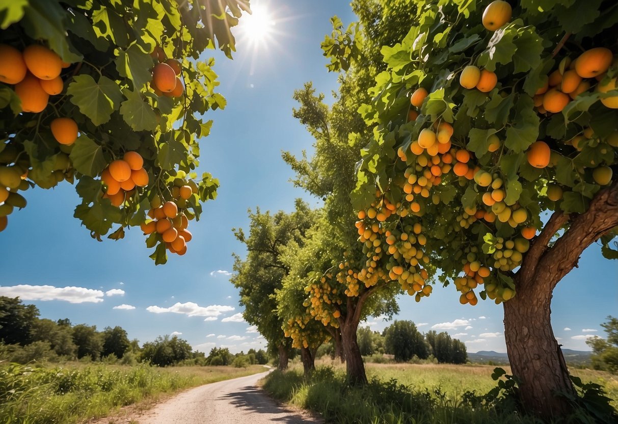 A serene landscape with vibrant greenery and a clear blue sky, with a focus on a variety of colorful fruits and vegetables known for promoting eye health