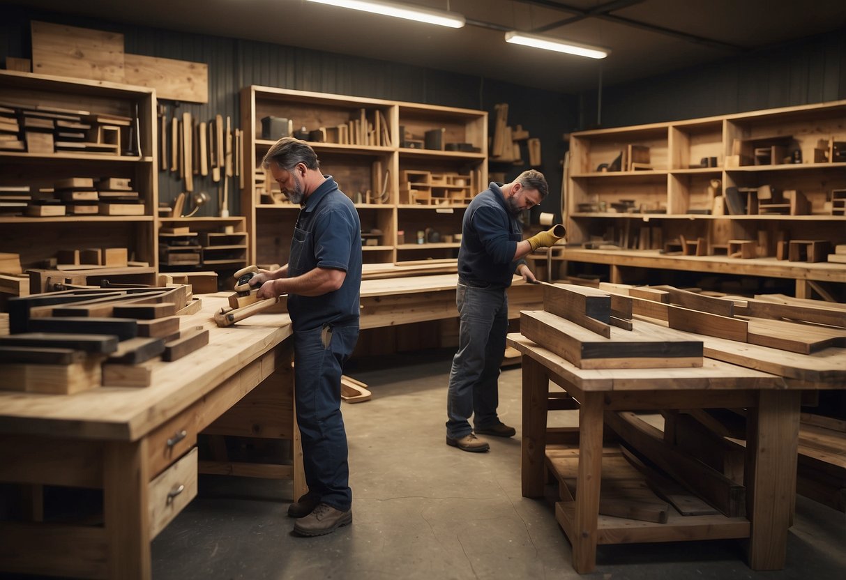 A busy workshop with workers sanding, staining, and varnishing furniture. Shelves display finished pieces, while a sign reads "Frequently Asked Questions am furniture finishing ltd."