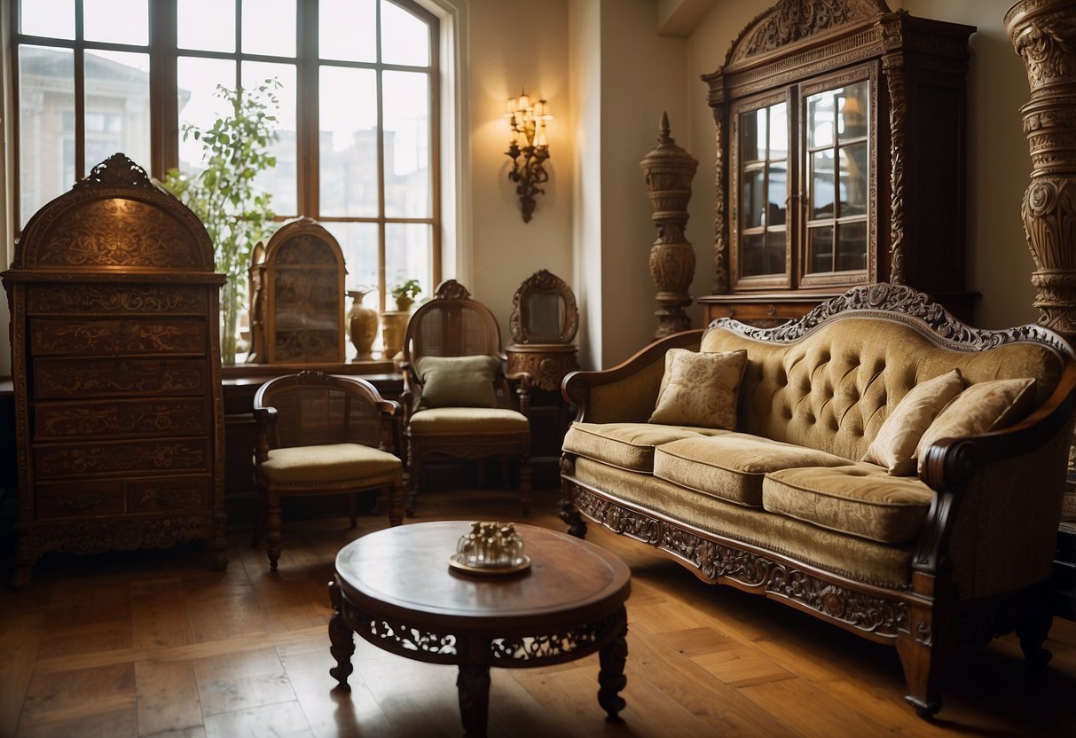 Antique furniture arranged in a well-lit room, with attention to detail in the intricate carvings and ornate designs