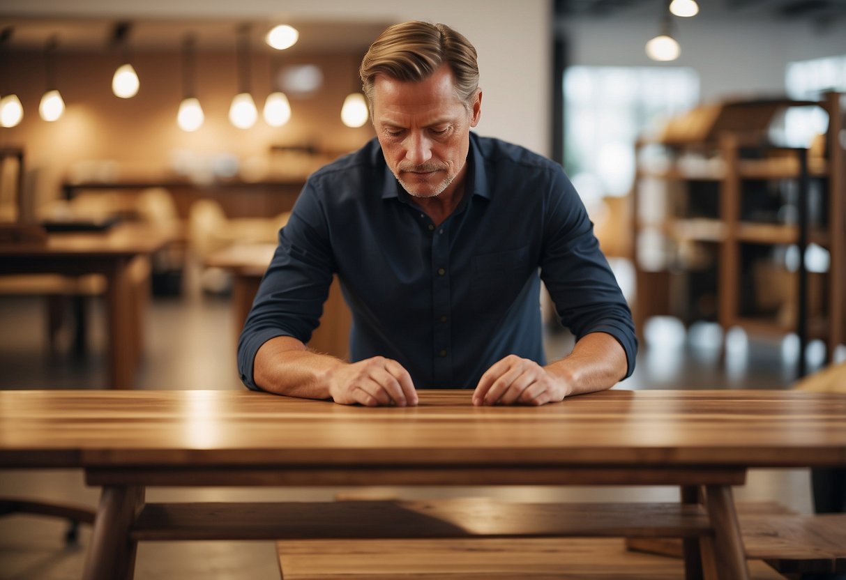 A customer carefully inspects teak wood furniture in a well-lit showroom, comparing the quality and finish of each piece before making a purchase