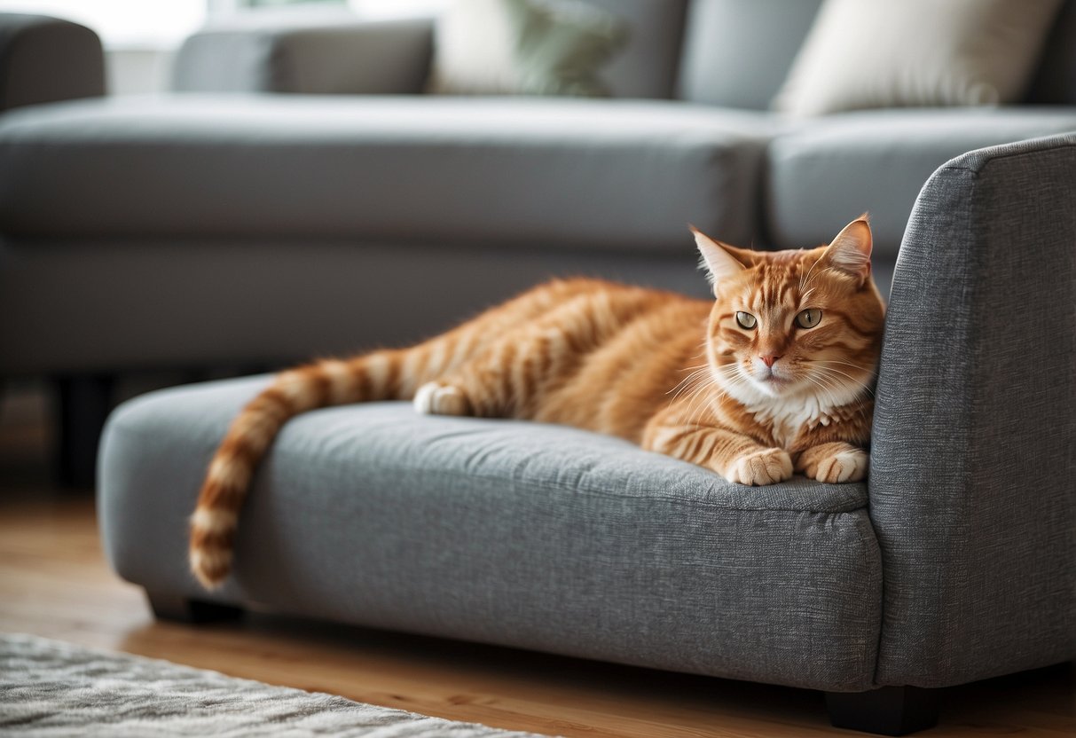 A cat lounges on a sleek, modern piece of furniture designed to discreetly conceal a litter box. The furniture is stylish and functional, blending seamlessly into the home environment