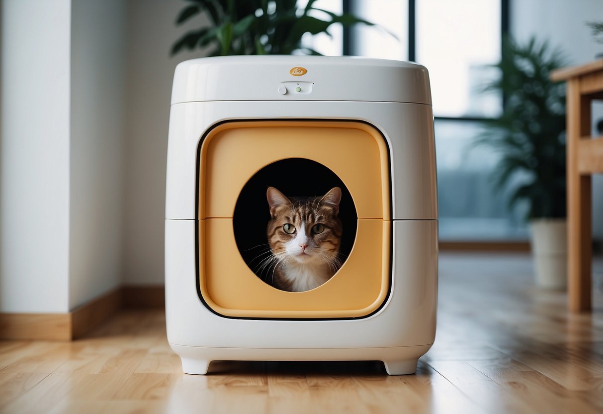 A sleek, modern cat litter furniture piece sits in a well-lit room. A cat confidently steps out from the hidden litter box area, looking satisfied